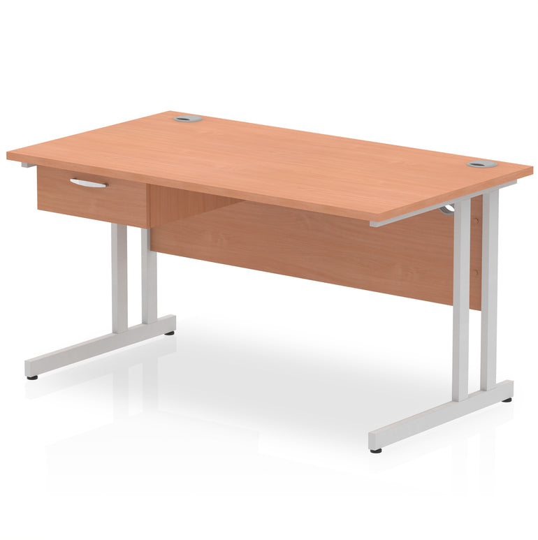 Impulse Cantilever Straight Desk Silver Frame With Single One Drawer Fixed Pedestal