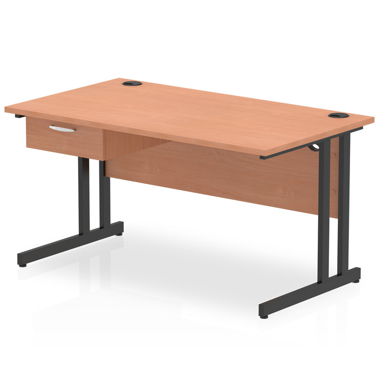 Impulse Cantilever Straight Desk Black Frame With Single One Drawer Fixed Pedestal