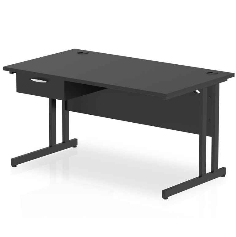 Impulse Cantilever Straight Desk Black Frame With Single One Drawer Fixed Pedestal