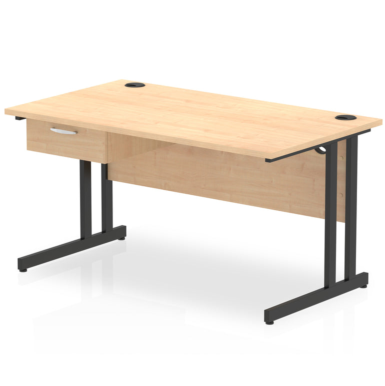 Impulse Cantilever Straight Desk Black Frame With Single One Drawer Fixed Pedestal