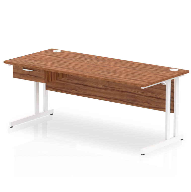Impulse Cantilever Straight Desk White Frame With Single One Drawer Fixed Pedestal