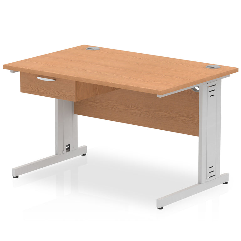 Impulse Cable Managed Straight Desk Silver Frame With Single One Drawer Fixed Pedestal