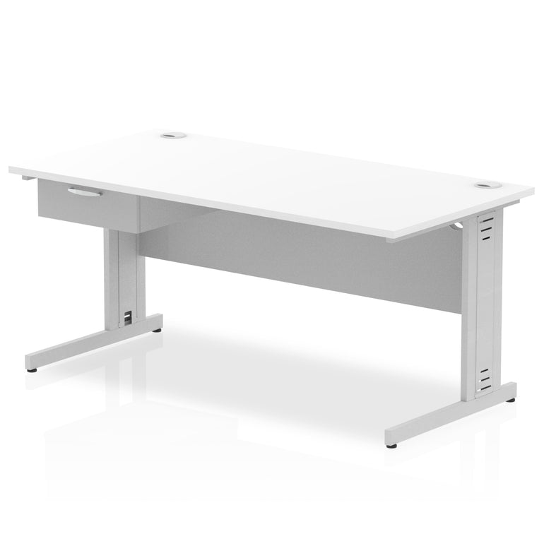 Impulse Cable Managed Straight Desk Silver Frame With Single One Drawer Fixed Pedestal