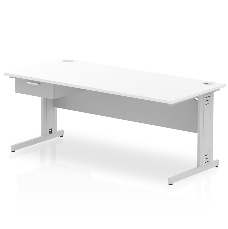 Impulse Cable Managed Straight Desk Silver Frame With Single One Drawer Fixed Pedestal