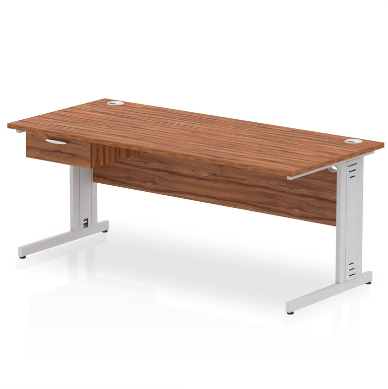 Impulse Cable Managed Straight Desk Silver Frame With Single One Drawer Fixed Pedestal