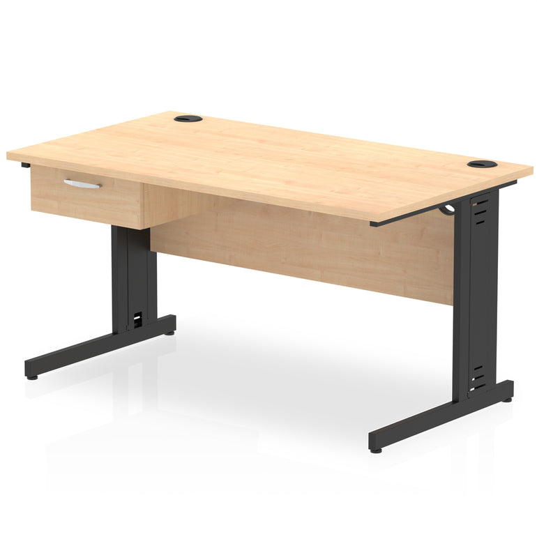 Impulse Cable Managed Straight Desk Black Frame With Single One Drawer Fixed Pedestal