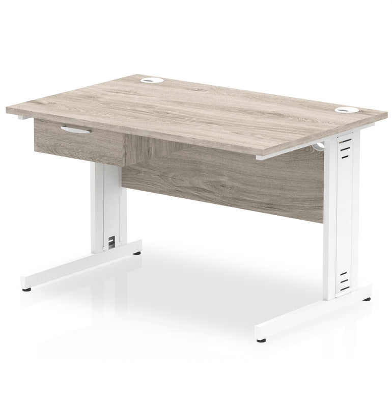 Impulse Cable Managed Straight Desk White Frame With Single One Drawer Fixed Pedestal