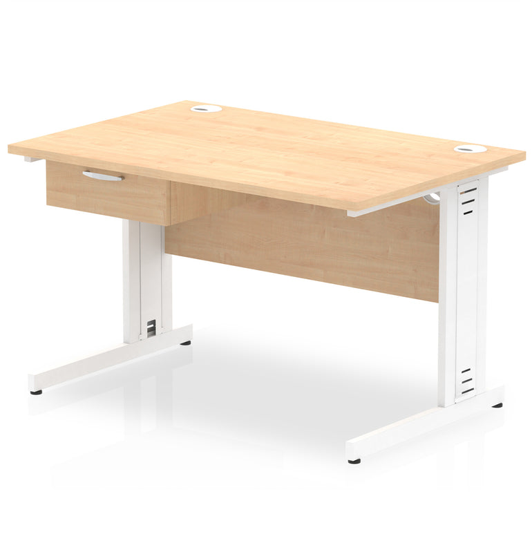 Impulse Cable Managed Straight Desk White Frame With Single One Drawer Fixed Pedestal