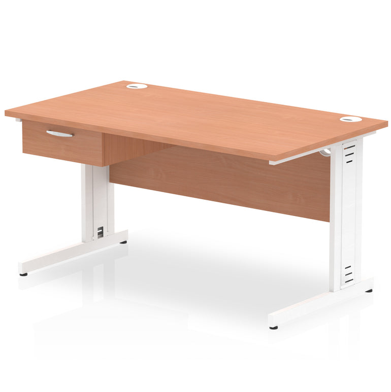 Impulse Cable Managed Straight Desk White Frame With Single One Drawer Fixed Pedestal