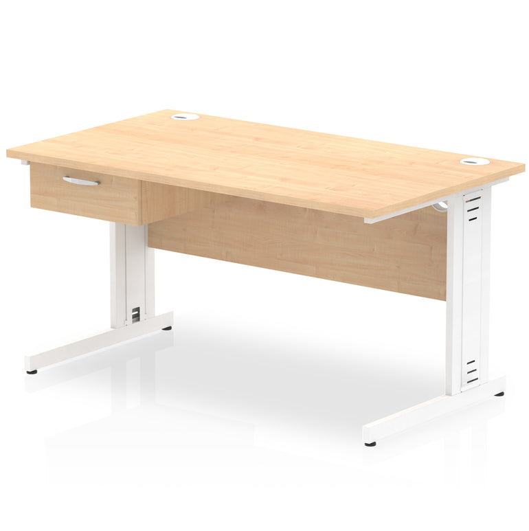Impulse Cable Managed Straight Desk White Frame With Single One Drawer Fixed Pedestal