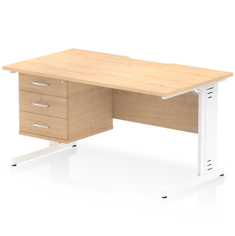 Impulse Scalloped Edge 1400mm Cable Managed Straight Desk With Single Fixed Pedestal