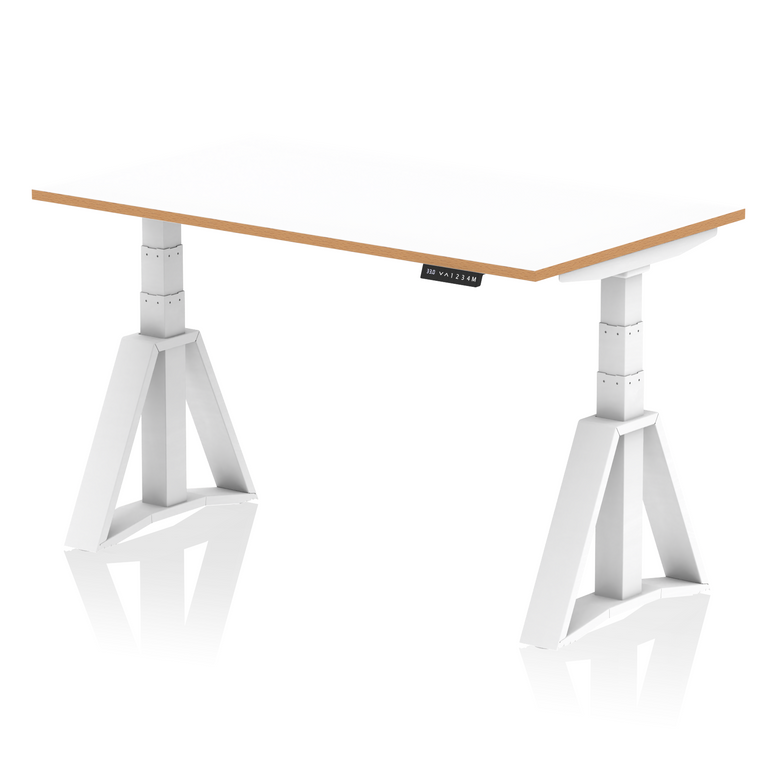 Oslo Air Height Adjustable Desk White Top Natural Wood Edge White Frame