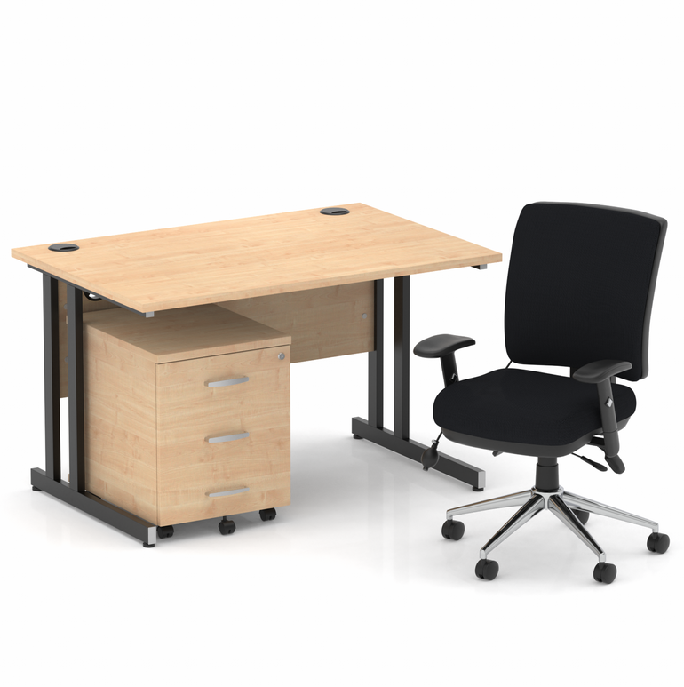 Impulse 1200mm Cantilever Straight Desk With Mobile Pedestal and Chiro Medium Back Black Operator Chair