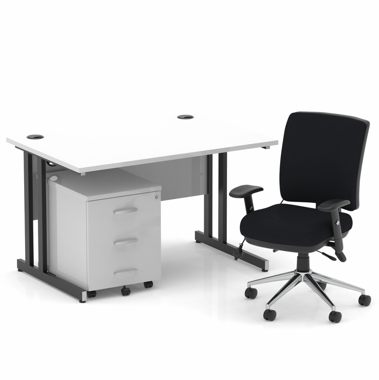 Impulse 1200mm Cantilever Straight Desk With Mobile Pedestal and Chiro Medium Back Black Operator Chair