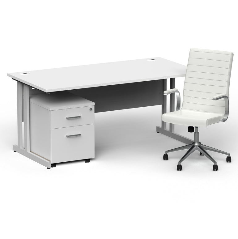 Impulse 1600mm Cantilever Straight Desk With Mobile Pedestal and Ezra White Executive Chair