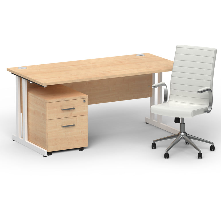 Impulse 1600mm Cantilever Straight Desk With Mobile Pedestal and Ezra White Executive Chair