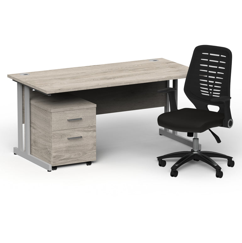 Impulse 1600mm Cantilever Straight Desk With Mobile Pedestal and Relay Black Back Operator Chair