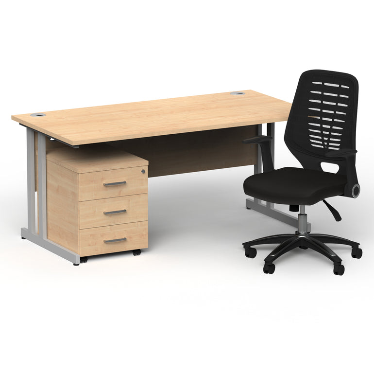Impulse 1600mm Cantilever Straight Desk With Mobile Pedestal and Relay Black Back Operator Chair