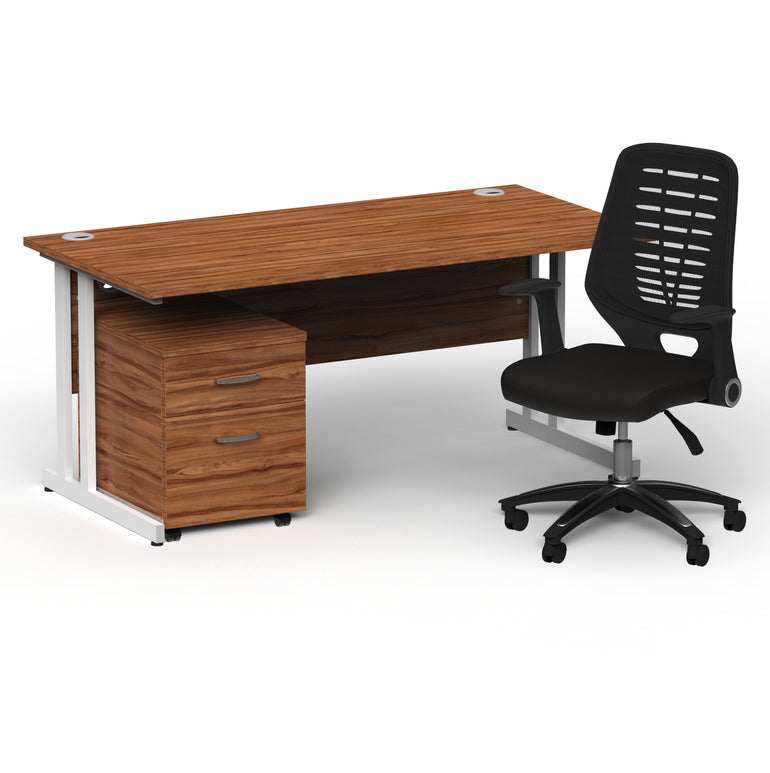 Impulse 1600mm Cantilever Straight Desk With Mobile Pedestal and Relay Black Back Operator Chair