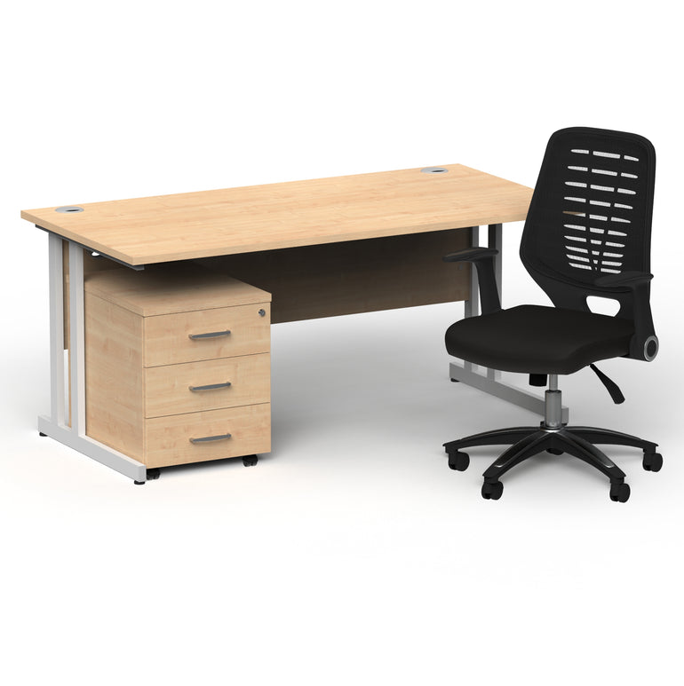Impulse 1600mm Cantilever Straight Desk With Mobile Pedestal and Relay Black Back Operator Chair