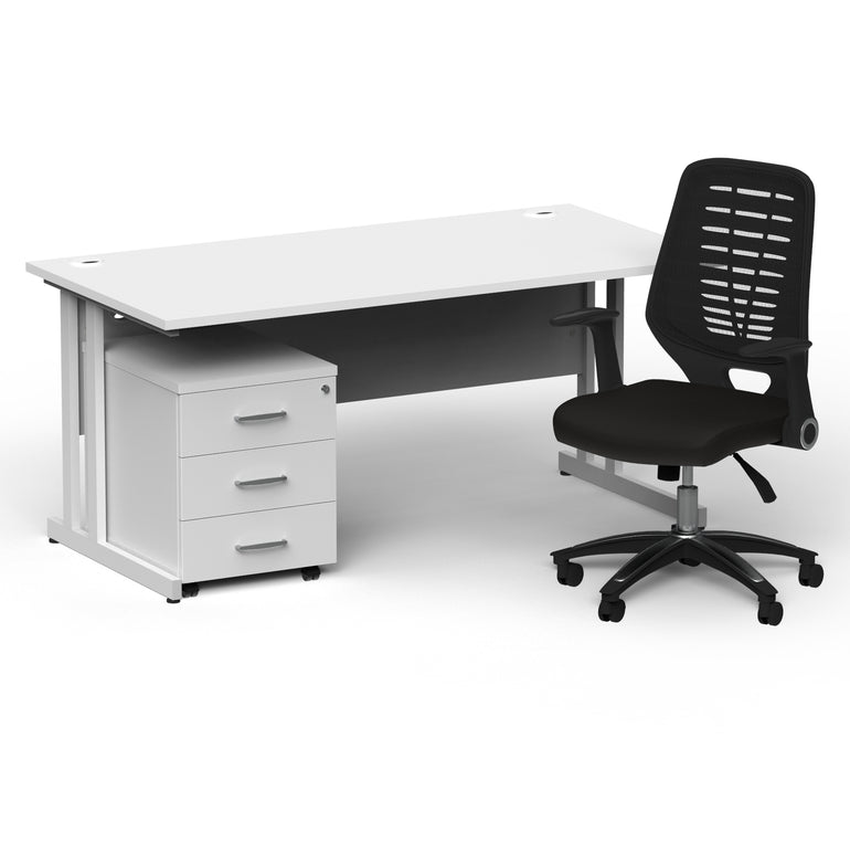 Impulse 1600mm Cantilever Straight Desk With Mobile Pedestal and Relay Black Back Operator Chair